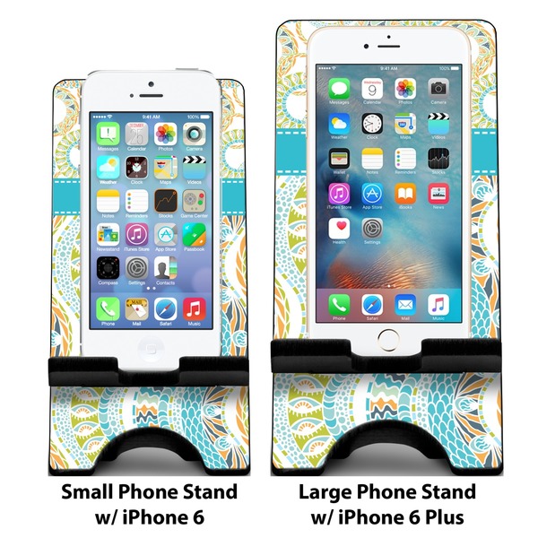 Teal Circles & Stripes Compare Phone Stand Sizes - with iPhones