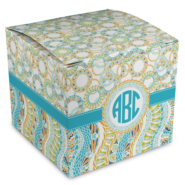 Custom Teal Circles & Stripes Cube Favor Gift Boxes (Personalized)