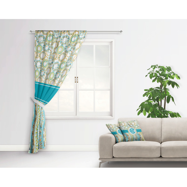 Teal Circles & Stripes Curtain With Window and Rod - in Room Matching Pillow