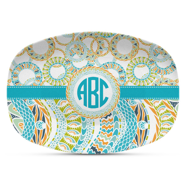 Custom Teal Circles & Stripes Plastic Platter - Microwave & Oven Safe Composite Polymer (Personalized)