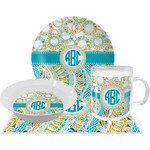Teal Circles & Stripes Dinner Set - Single 4 Pc Setting w/ Monograms