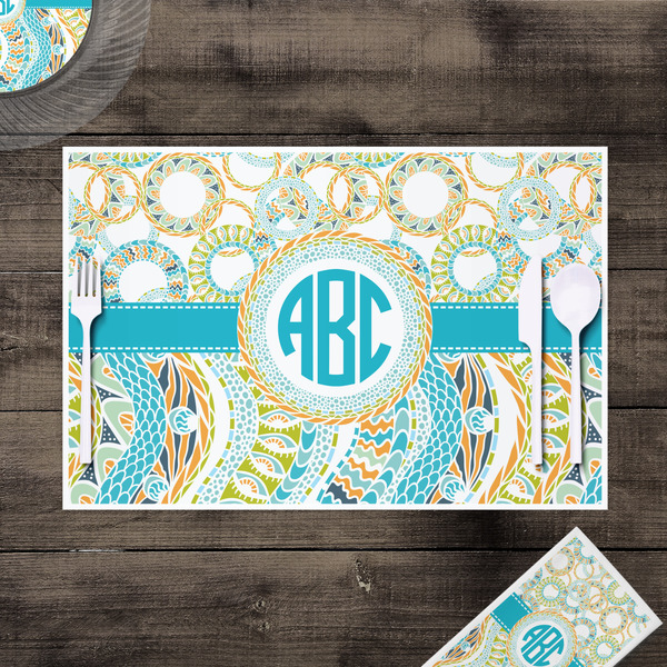 Teal Circles & Stripes Disposable Paper Placemat - In Context