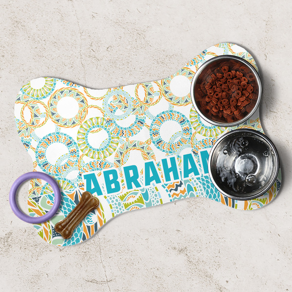 Teal Circles & Stripes Dog Bone Shaped Mat Lifestyle