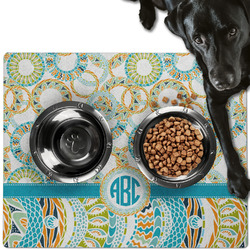 Teal Circles & Stripes Dog Food Mat - Large w/ Monogram