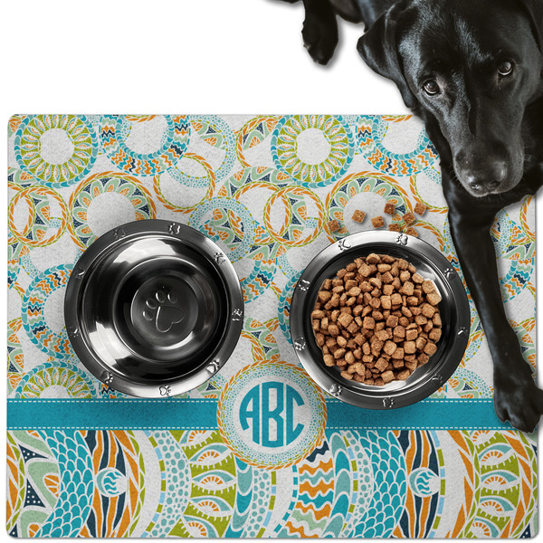 Custom Teal Circles & Stripes Dog Food Mat - Large w/ Monogram