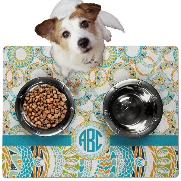 Custom Teal Circles & Stripes Dog Food Mat - Medium w/ Monogram