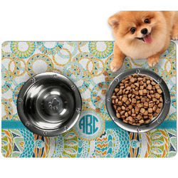 Teal Circles & Stripes Dog Food Mat - Small w/ Monogram
