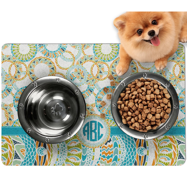 Custom Teal Circles & Stripes Dog Food Mat - Small w/ Monogram