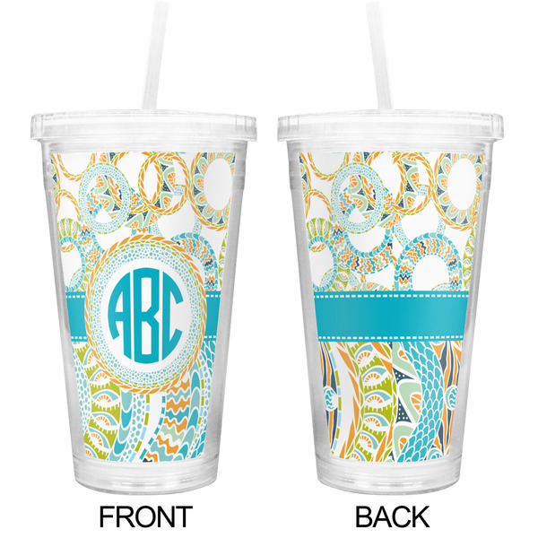 Teal Circles & Stripes Double Wall Tumbler with Straw - Approval