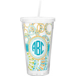 Teal Circles & Stripes Double Wall Tumbler with Straw (Personalized)
