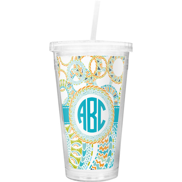 Custom Teal Circles & Stripes Double Wall Tumbler with Straw (Personalized)