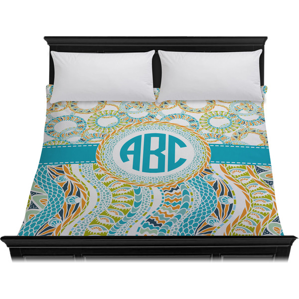 Teal Circles & Stripes Duvet Cover - King - On Bed - No Prop