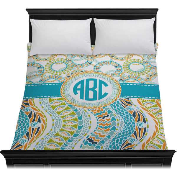 Teal Circles & Stripes Duvet Cover - Queen - On Bed - No Prop
