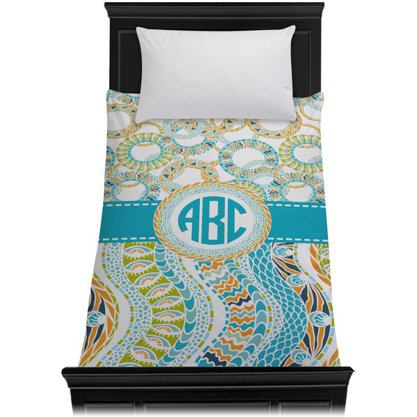 Teal Circles & Stripes Duvet Cover - Twin - On Bed - No Prop