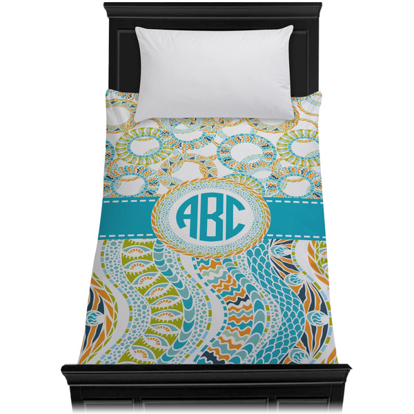 Teal Circles & Stripes Duvet Cover - Twin XL - On Bed - No Prop