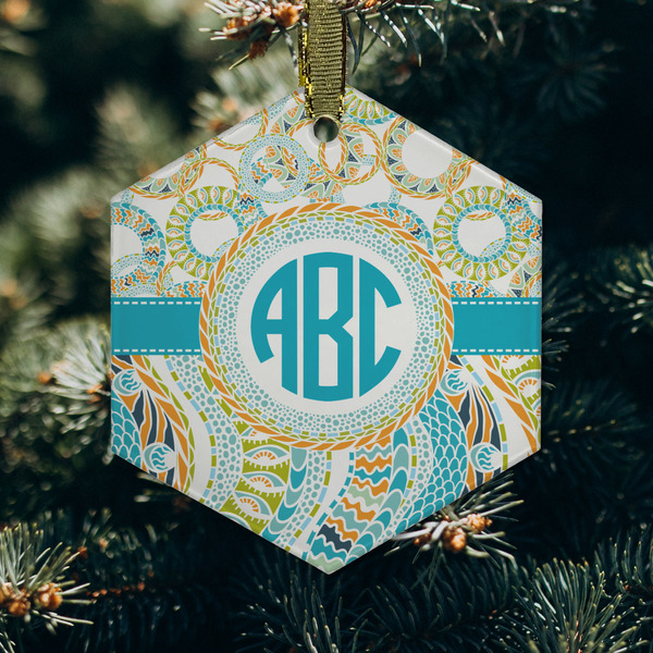 Teal Circles & Stripes Frosted Glass Ornament - Hexagon (Lifestyle)