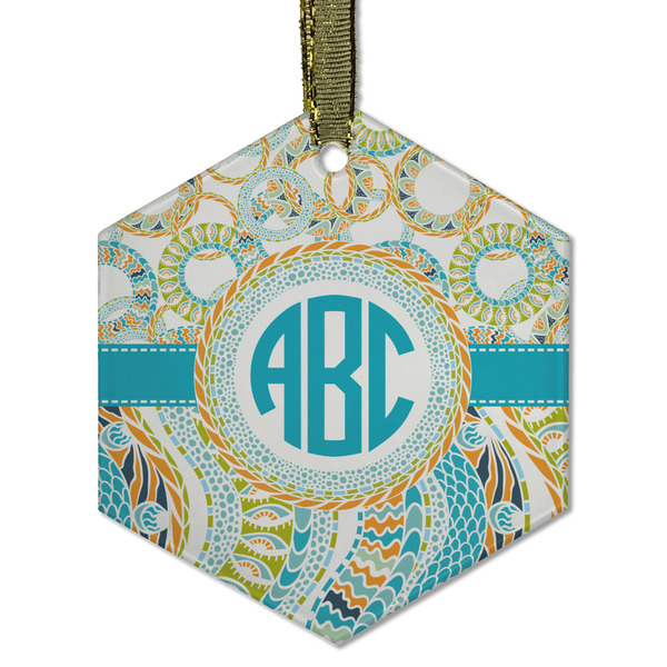Teal Circles & Stripes Frosted Glass Ornament - Hexagon