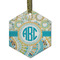 Teal Circles & Stripes Flat Glass Ornament - Hexagon w/ Monogram