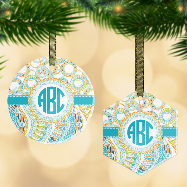 Custom Teal Circles & Stripes Flat Glass Ornament w/ Monogram