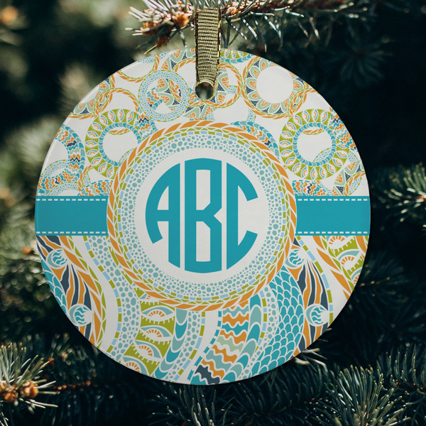 Teal Circles & Stripes Frosted Glass Ornament - Round (Lifestyle)