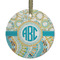 Teal Circles & Stripes Flat Glass Ornament - Round w/ Monogram