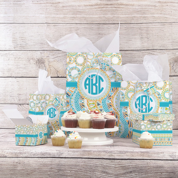 Teal Circles & Stripes Gift Bags - In Context