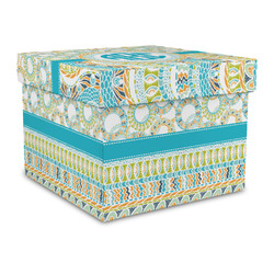 Teal Circles & Stripes Gift Box with Lid - Canvas Wrapped - Large (Personalized)