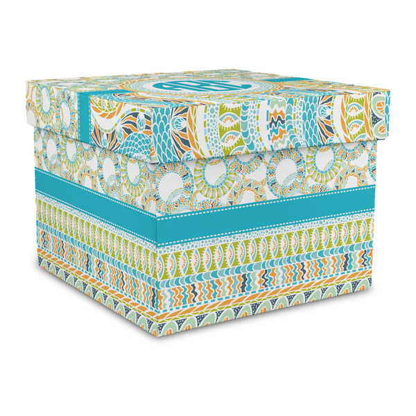 Custom Teal Circles & Stripes Gift Box with Lid - Canvas Wrapped - Large (Personalized)