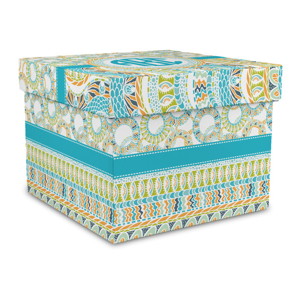 Custom Teal Circles & Stripes Gift Box with Lid - Canvas Wrapped - Large (Personalized)
