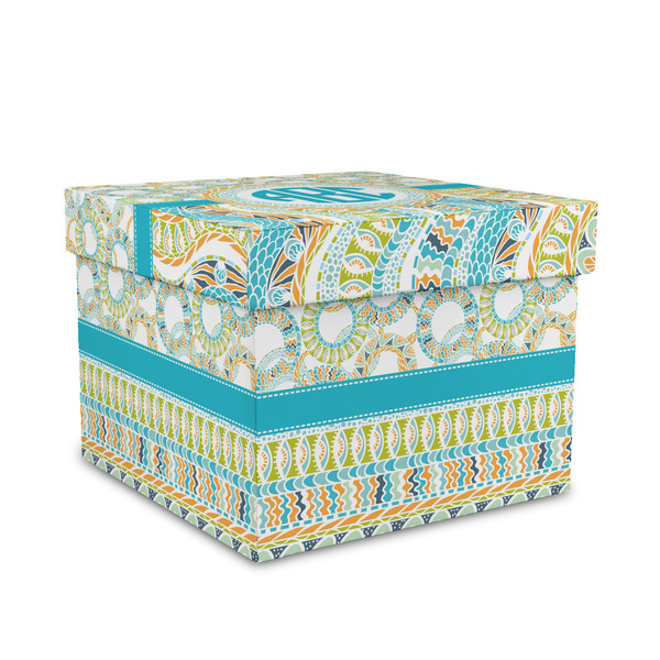 Custom Teal Circles & Stripes Gift Box with Lid - Canvas Wrapped - Medium (Personalized)