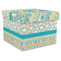 Teal Circles & Stripes Gift Box with Lid - Canvas Wrapped - X-Large (Personalized)