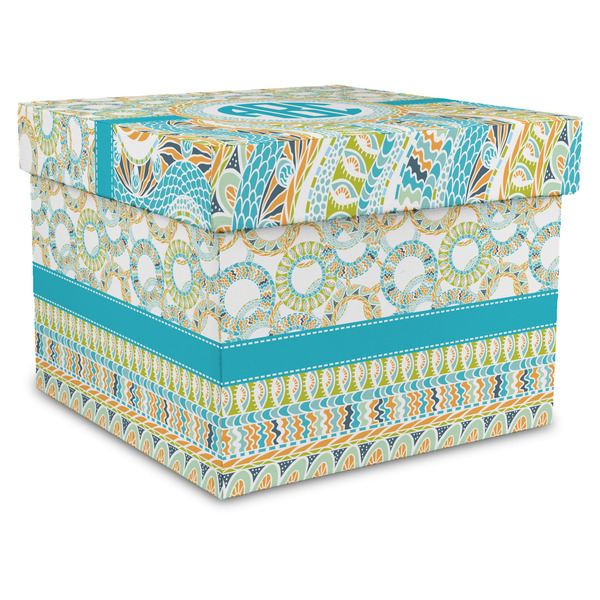 Custom Teal Circles & Stripes Gift Box with Lid - Canvas Wrapped - X-Large (Personalized)