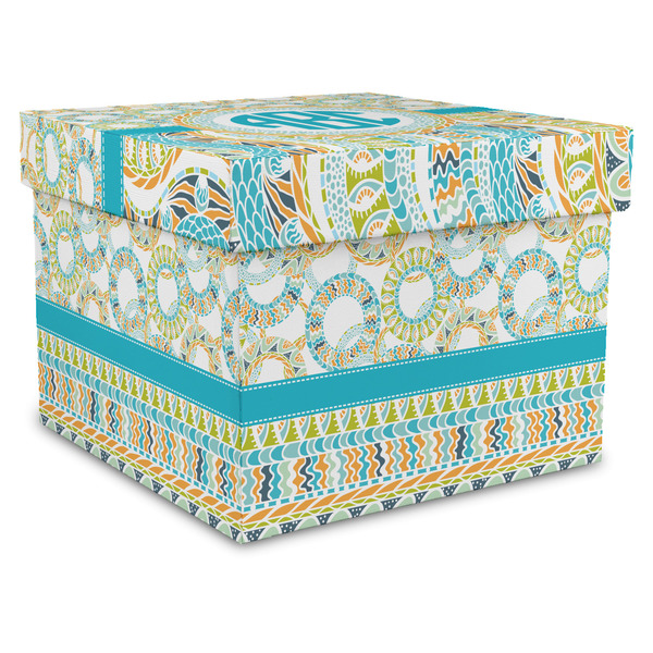 Custom Teal Circles & Stripes Gift Box with Lid - Canvas Wrapped - XX-Large (Personalized)