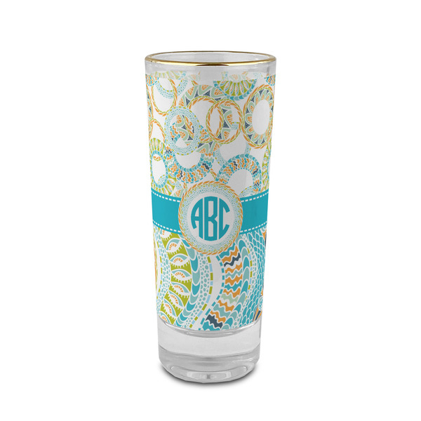 Custom Teal Circles & Stripes 2 oz Shot Glass - Glass with Gold Rim (Personalized)