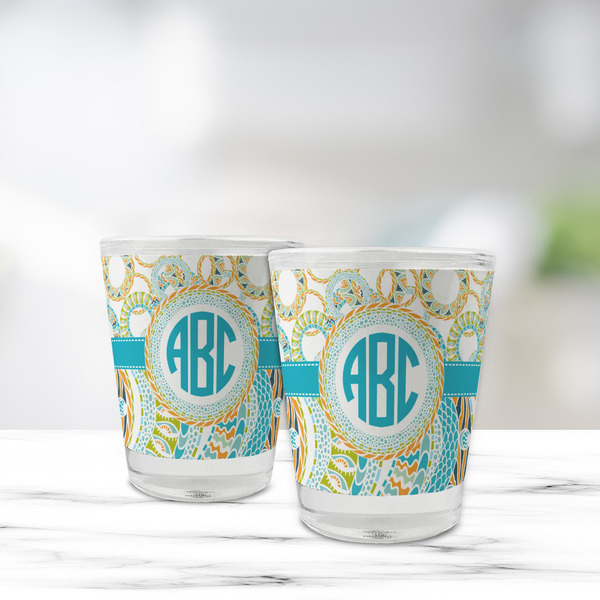 Teal Circles & Stripes Glass Shot Glass - Standard - LIFESTYLE