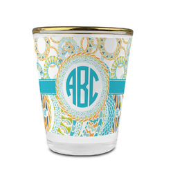 Teal Circles & Stripes Glass Shot Glass - 1.5 oz - with Gold Rim - Set of 4 (Personalized)