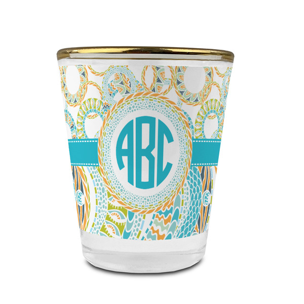 Custom Teal Circles & Stripes Glass Shot Glass - 1.5 oz - with Gold Rim - Single (Personalized)