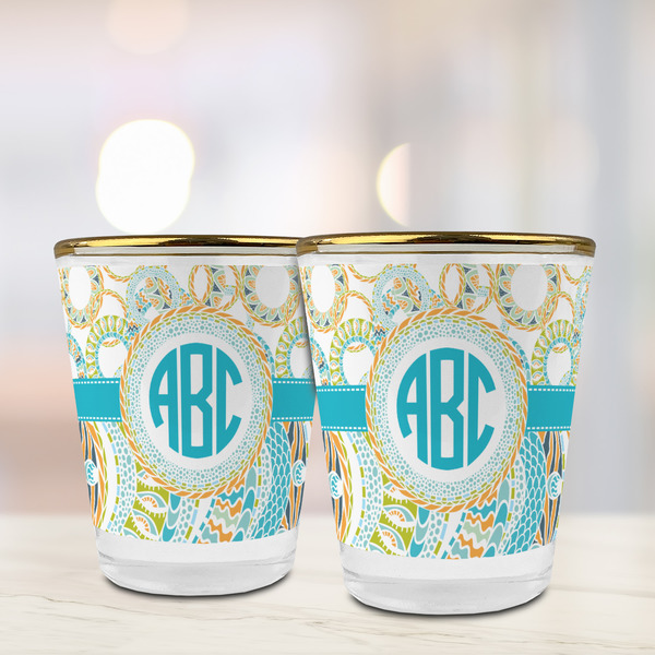 Teal Circles & Stripes Glass Shot Glass - with gold rim - LIFESTYLE