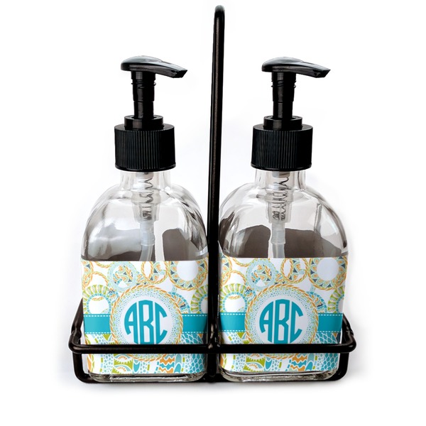 Custom Teal Circles & Stripes Glass Soap & Lotion Bottles (Personalized)