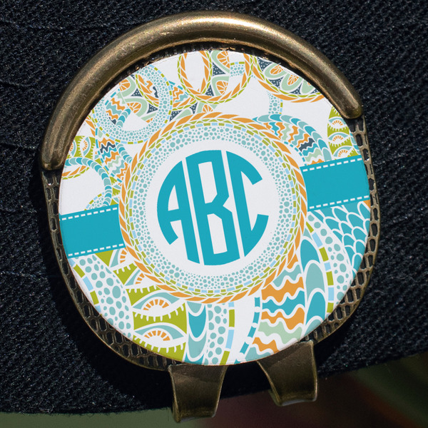 Teal Circles & Stripes Golf Ball Marker Hat Clip - Gold - Close Up