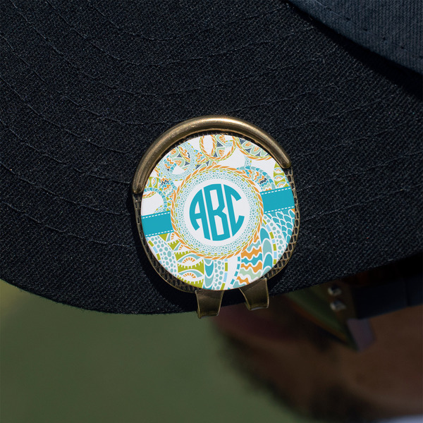 Teal Circles & Stripes Golf Ball Marker Hat Clip - Gold - On Hat