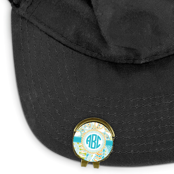 Teal Circles & Stripes Golf Ball Marker Hat Clip - Main - GOLD