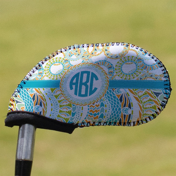 Custom Teal Circles & Stripes Golf Club Iron Cover - Single (Personalized)