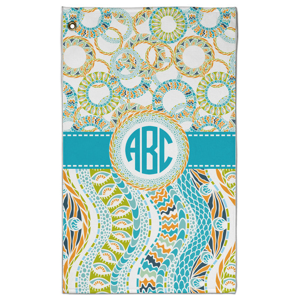 Custom Teal Circles & Stripes Golf Towel - Poly-Cotton Blend - Large w/ Monograms