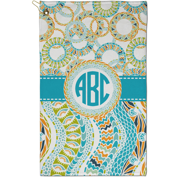 Custom Teal Circles & Stripes Golf Towel - Poly-Cotton Blend - Small w/ Monograms