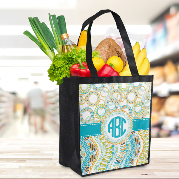Teal Circles & Stripes Grocery Bag - LIFESTYLE