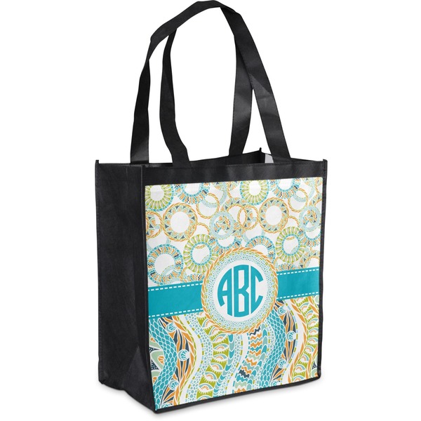 Custom Teal Circles & Stripes Grocery Bag (Personalized)