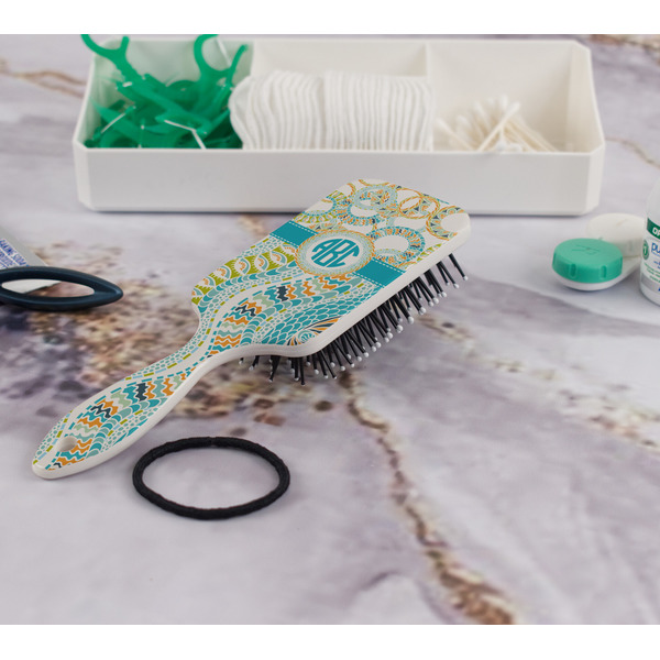 Teal Circles & Stripes Hair Brush - In Bathroom