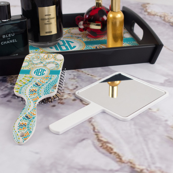 Teal Circles & Stripes Hair Brush - With Hand Mirror