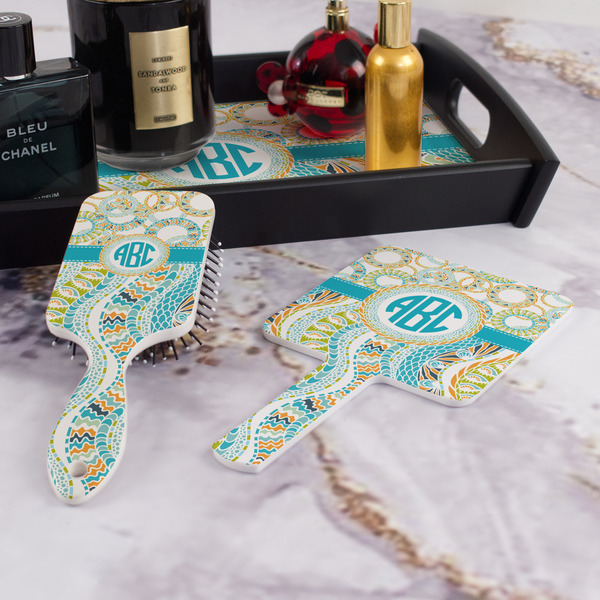 Teal Circles & Stripes Hair Brush and Hand Mirror - Bathroom Scene